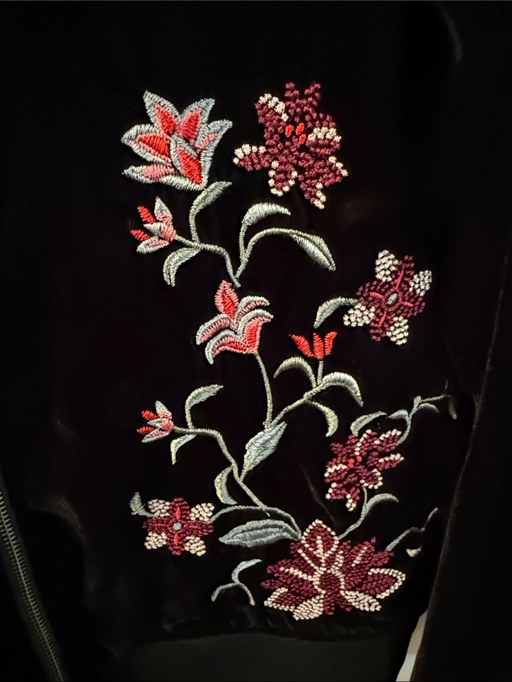 a.n.a Black Velvet Bomber Jacket with Pink Floral Embroidery Accents - Picture 4 of 6